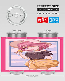 Cute anime girl with pink hair wearing a hat, featured on a stylish tumbler, perfect for summer drinks.