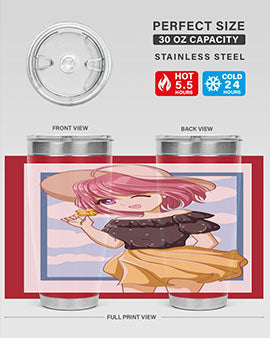 Cute anime girl with pink hair wearing a hat, featured on a stylish tumbler, perfect for summer drinks.