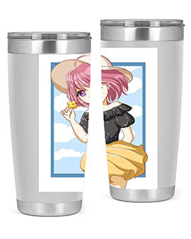 Cute anime girl with pink hair wearing a hat, featured on a stylish tumbler, perfect for summer drinks.