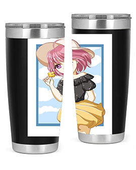 Cute anime girl with pink hair wearing a hat, featured on a stylish tumbler, perfect for summer drinks.