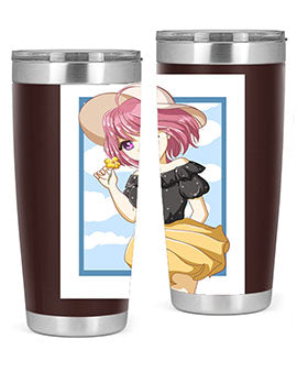 Cute anime girl with pink hair wearing a hat, featured on a stylish tumbler, perfect for summer drinks.