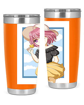 Cute anime girl with pink hair wearing a hat, featured on a stylish tumbler, perfect for summer drinks.