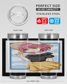 Cute anime girl with pink hair wearing a hat, featured on a stylish tumbler, perfect for summer drinks.