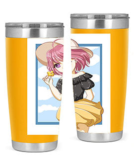 Cute anime girl with pink hair wearing a hat, featured on a stylish tumbler, perfect for summer drinks.