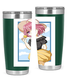Cute anime girl with pink hair wearing a hat, featured on a stylish tumbler, perfect for summer drinks.