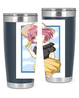 Cute anime girl with pink hair wearing a hat, featured on a stylish tumbler, perfect for summer drinks.