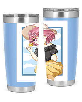Cute anime girl with pink hair wearing a hat, featured on a stylish tumbler, perfect for summer drinks.