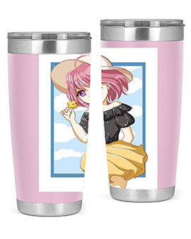 Cute anime girl with pink hair wearing a hat, featured on a stylish tumbler, perfect for summer drinks.