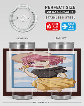 Cute anime girl with pink hair wearing a hat, featured on a stylish tumbler, perfect for summer drinks.