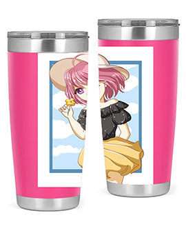 Cute anime girl with pink hair wearing a hat, featured on a stylish tumbler, perfect for summer drinks.