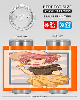 Cute anime girl with pink hair wearing a hat, featured on a stylish tumbler, perfect for summer drinks.