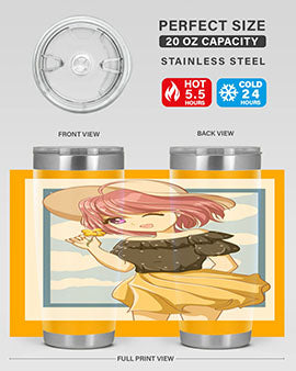 Cute anime girl with pink hair wearing a hat, featured on a stylish tumbler, perfect for summer drinks.