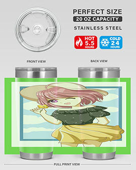 Cute anime girl with pink hair wearing a hat, featured on a stylish tumbler, perfect for summer drinks.