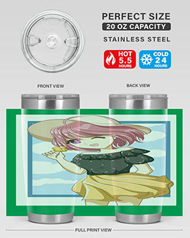 Cute anime girl with pink hair wearing a hat, featured on a stylish tumbler, perfect for summer drinks.