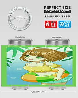 A cute anime girl swimming at the beach, featured on a stylish stainless steel tumbler, perfect for summer drinks.