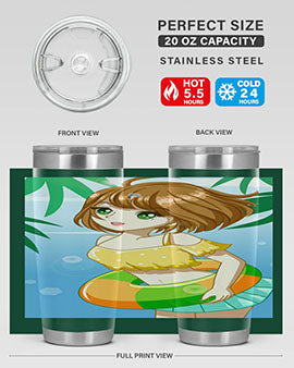 A cute anime girl swimming at the beach, featured on a stylish stainless steel tumbler, perfect for summer drinks.