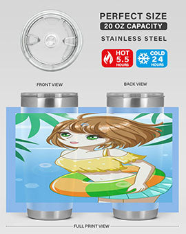 A cute anime girl swimming at the beach, featured on a stylish stainless steel tumbler, perfect for summer drinks.
