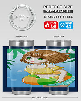A cute anime girl swimming at the beach, featured on a stylish stainless steel tumbler, perfect for summer drinks.
