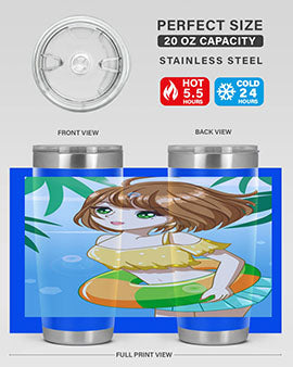 A cute anime girl swimming at the beach, featured on a stylish stainless steel tumbler, perfect for summer drinks.