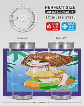 A cute anime girl swimming at the beach, featured on a stylish stainless steel tumbler, perfect for summer drinks.
