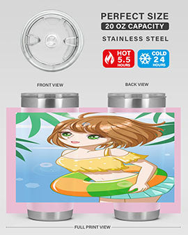 A cute anime girl swimming at the beach, featured on a stylish stainless steel tumbler, perfect for summer drinks.