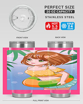 A cute anime girl swimming at the beach, featured on a stylish stainless steel tumbler, perfect for summer drinks.