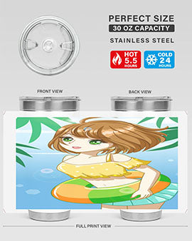 A cute anime girl swimming at the beach, featured on a stylish stainless steel tumbler, perfect for summer drinks.