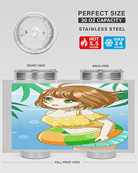 A cute anime girl swimming at the beach, featured on a stylish stainless steel tumbler, perfect for summer drinks.