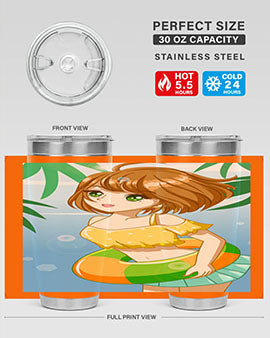 A cute anime girl swimming at the beach, featured on a stylish stainless steel tumbler, perfect for summer drinks.