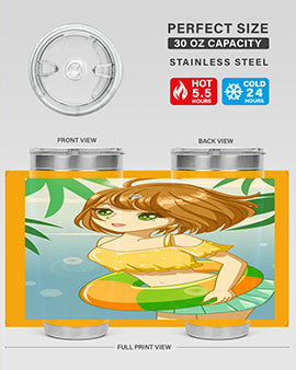 A cute anime girl swimming at the beach, featured on a stylish stainless steel tumbler, perfect for summer drinks.