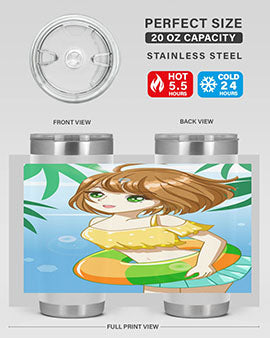 A cute anime girl swimming at the beach, featured on a stylish stainless steel tumbler, perfect for summer drinks.