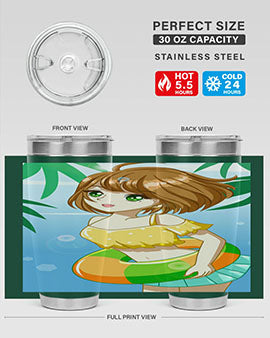 A cute anime girl swimming at the beach, featured on a stylish stainless steel tumbler, perfect for summer drinks.