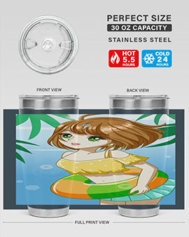 A cute anime girl swimming at the beach, featured on a stylish stainless steel tumbler, perfect for summer drinks.