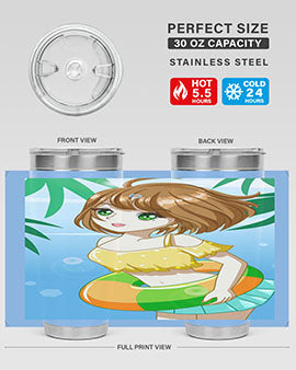 A cute anime girl swimming at the beach, featured on a stylish stainless steel tumbler, perfect for summer drinks.