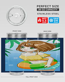 A cute anime girl swimming at the beach, featured on a stylish stainless steel tumbler, perfect for summer drinks.