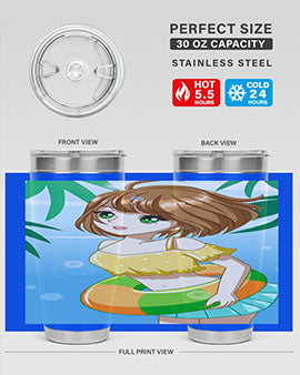 A cute anime girl swimming at the beach, featured on a stylish stainless steel tumbler, perfect for summer drinks.
