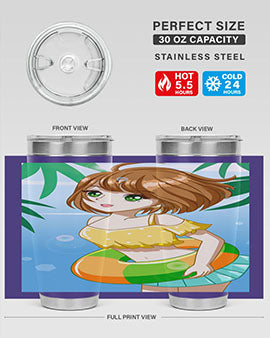 A cute anime girl swimming at the beach, featured on a stylish stainless steel tumbler, perfect for summer drinks.