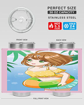 A cute anime girl swimming at the beach, featured on a stylish stainless steel tumbler, perfect for summer drinks.