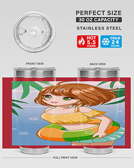 A cute anime girl swimming at the beach, featured on a stylish stainless steel tumbler, perfect for summer drinks.