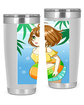 A cute anime girl swimming at the beach, featured on a stylish stainless steel tumbler, perfect for summer drinks.