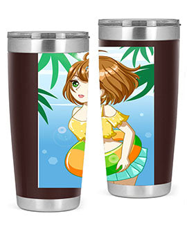 A cute anime girl swimming at the beach, featured on a stylish stainless steel tumbler, perfect for summer drinks.