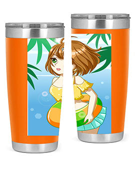 A cute anime girl swimming at the beach, featured on a stylish stainless steel tumbler, perfect for summer drinks.