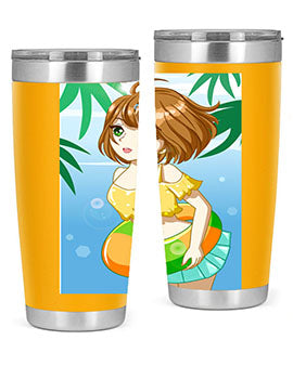 A cute anime girl swimming at the beach, featured on a stylish stainless steel tumbler, perfect for summer drinks.