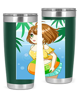 A cute anime girl swimming at the beach, featured on a stylish stainless steel tumbler, perfect for summer drinks.