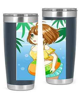 A cute anime girl swimming at the beach, featured on a stylish stainless steel tumbler, perfect for summer drinks.