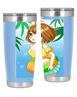 A cute anime girl swimming at the beach, featured on a stylish stainless steel tumbler, perfect for summer drinks.