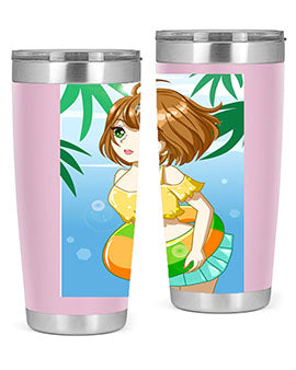 A cute anime girl swimming at the beach, featured on a stylish stainless steel tumbler, perfect for summer drinks.
