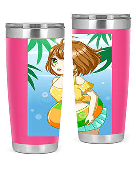 A cute anime girl swimming at the beach, featured on a stylish stainless steel tumbler, perfect for summer drinks.