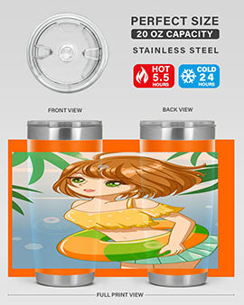 A cute anime girl swimming at the beach, featured on a stylish stainless steel tumbler, perfect for summer drinks.