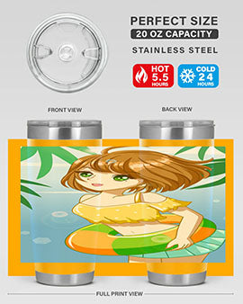 A cute anime girl swimming at the beach, featured on a stylish stainless steel tumbler, perfect for summer drinks.
